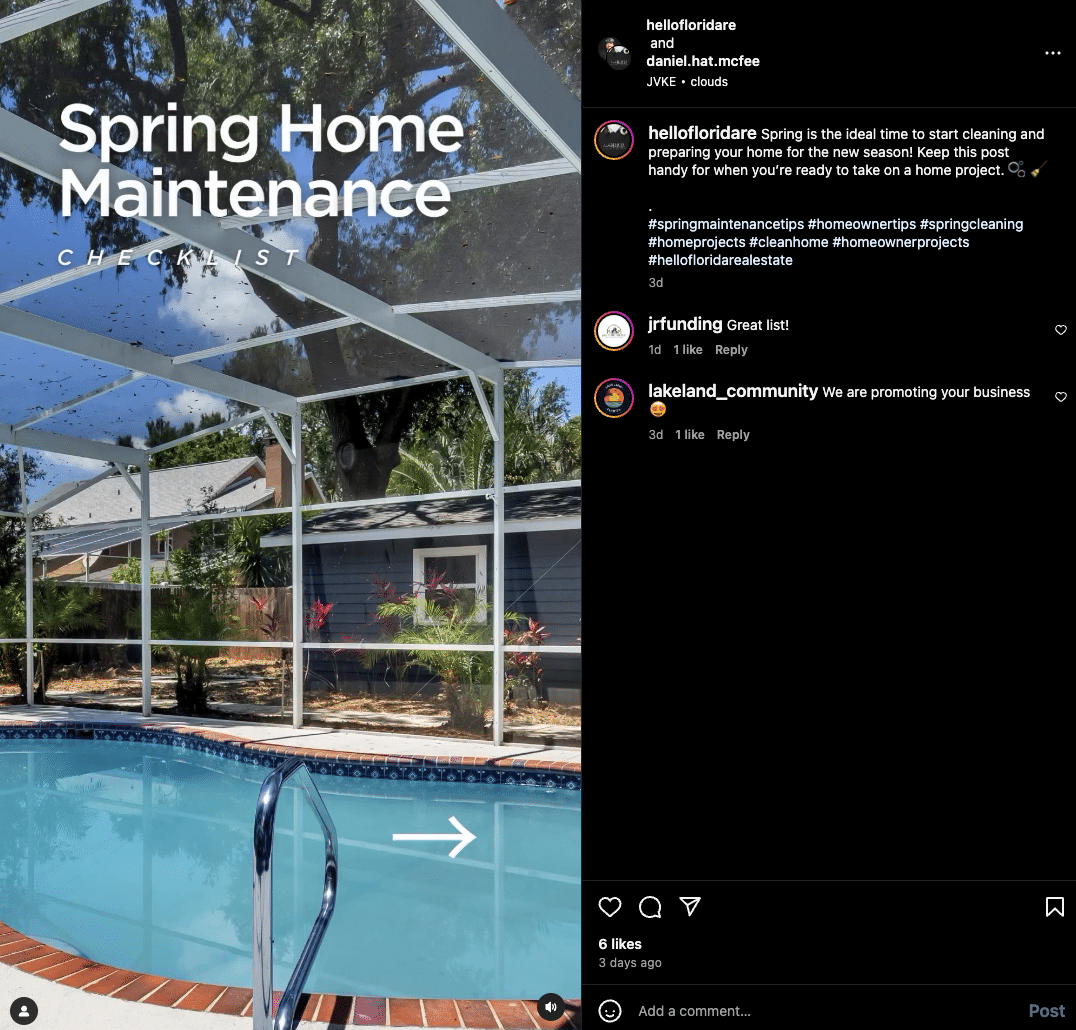 Screenshot of an Instagram carousel post with an image of a backyard pool and text overlay reading "Spring Home Maintenance Checklist"